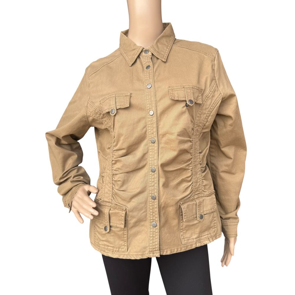 Ethyl Vintage Denim M Tan Utility Jacket Snap Front Ruched Safari Cargo Stretch